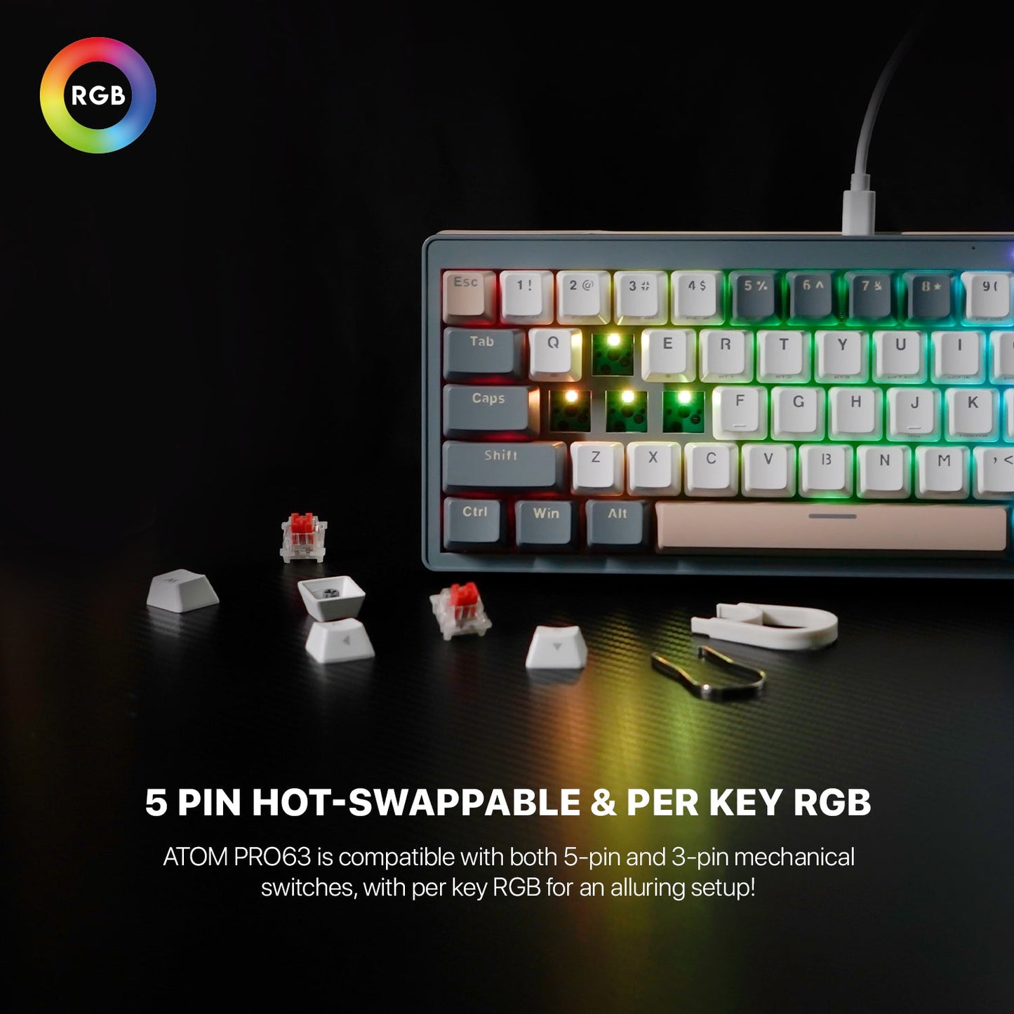 Fantech MK912 ATOM PRO63 RGB Bluetooth, Wireless Gaming keyboard Mercury