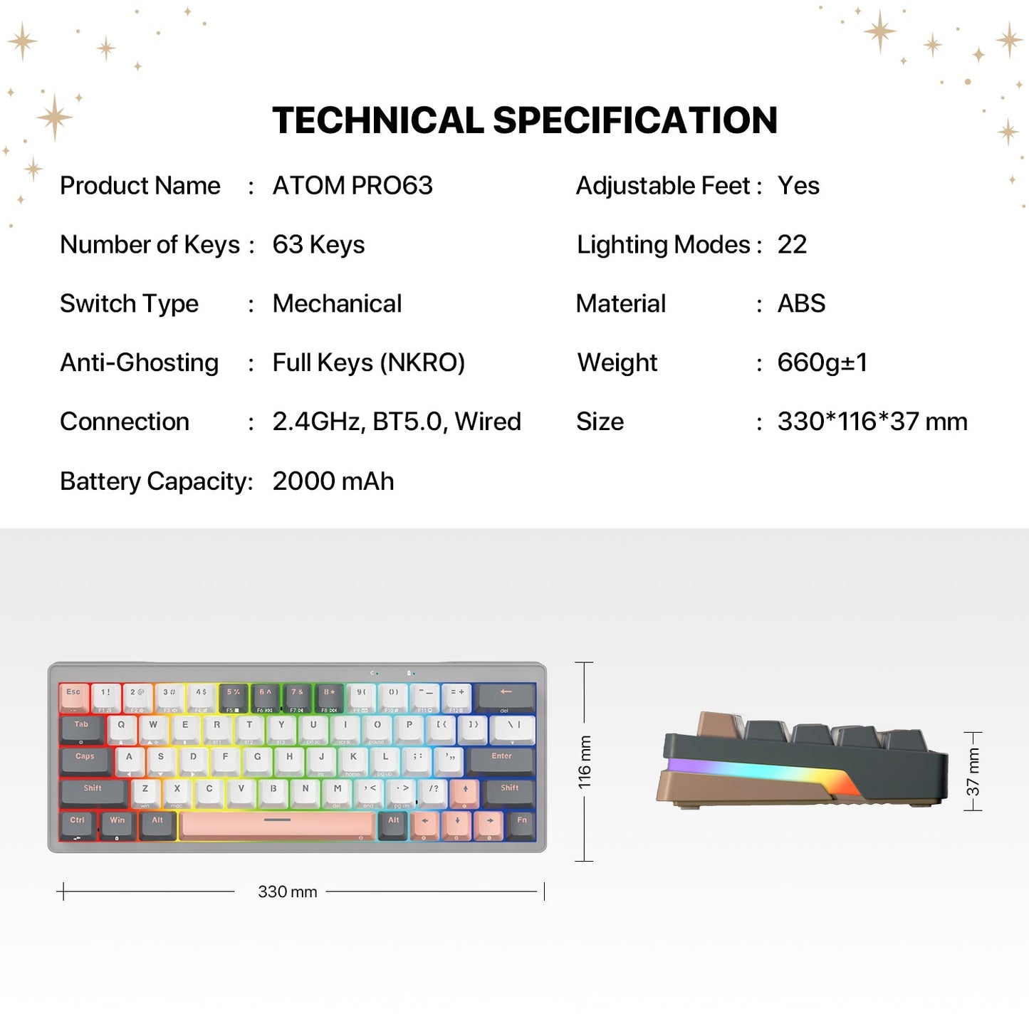 Fantech MK912 ATOM PRO63 RGB Bluetooth, Wireless Gaming keyboard Mercury