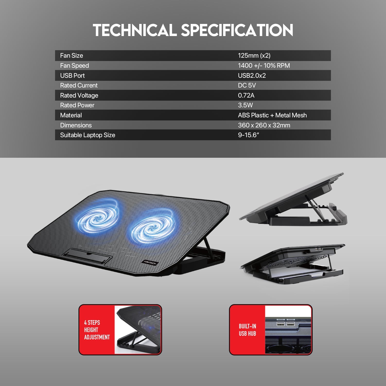 Fantech NoteBook Cooler NC13 Two Fan Suitable For 9-15.6 Inch Laptop ...