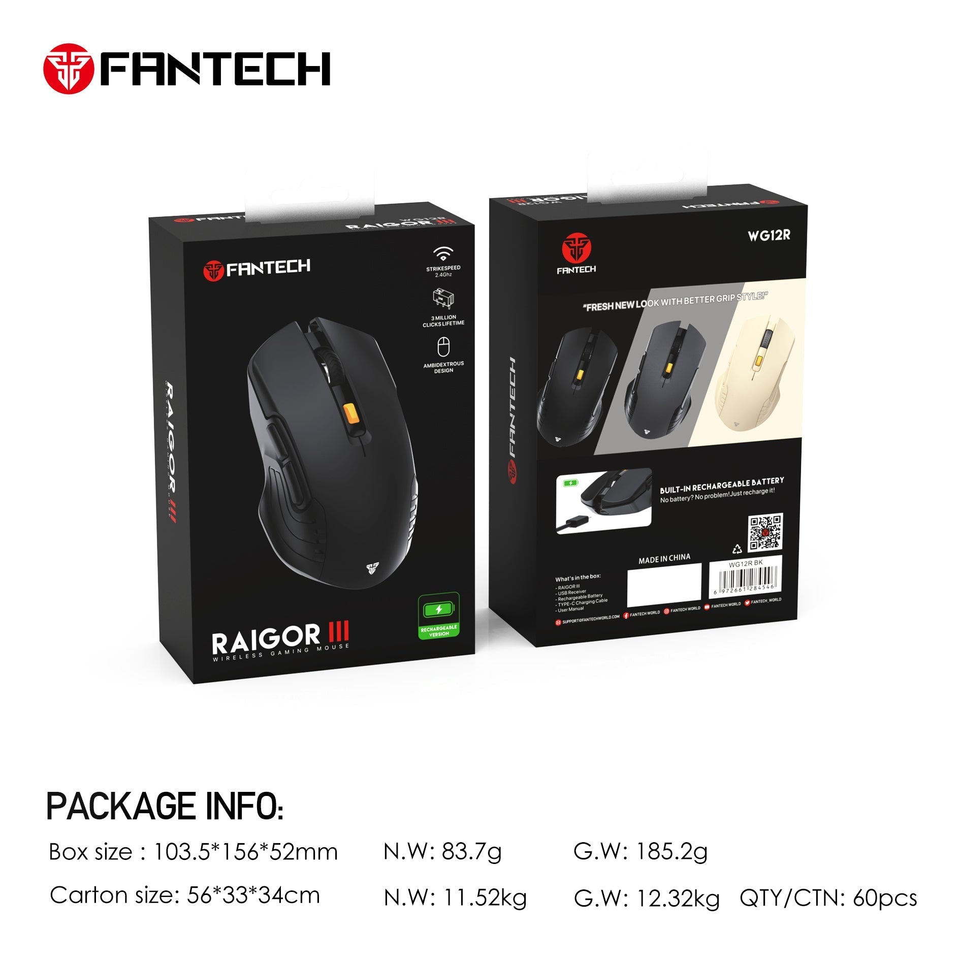Fantech RAIGOR Gen III WG12R Rechargeable Mouse Wireless Gaming - Fantech Jordan | Gaming Accessories Store
